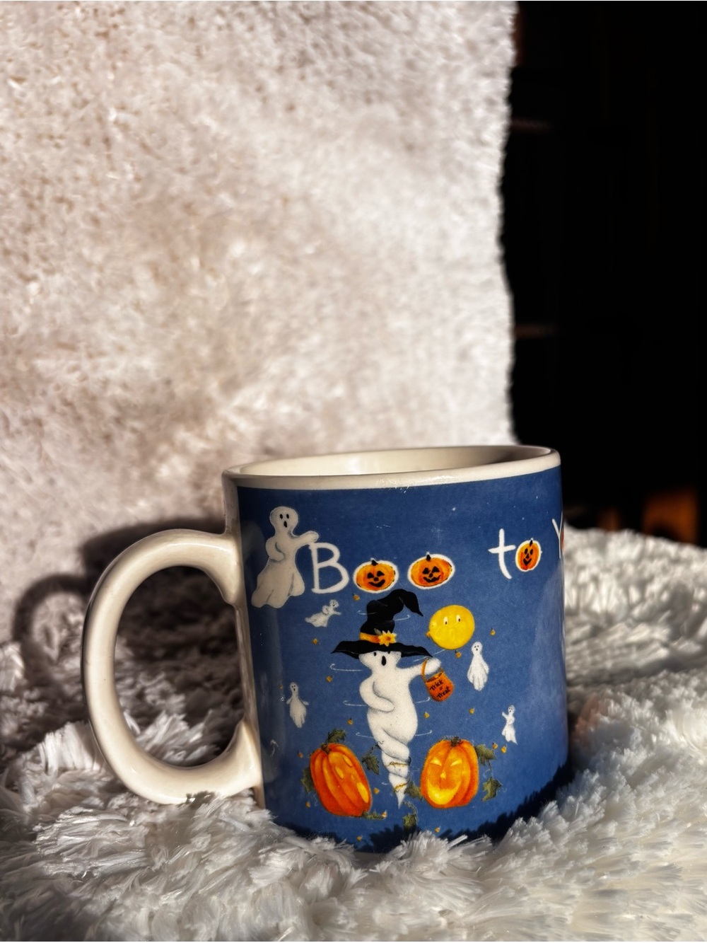 90s Halloween Ghost & Pumpkin Ceramic Mug - Blue